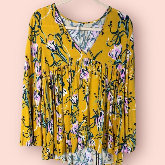 Free People Bella Golden Yellow Floral Print Tunic mini dress Size XS - Picture 1 of 5
